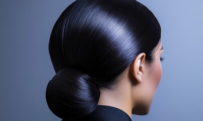 Woman with dark hair in a bun looking right.