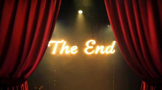 Glowing "The End" letters on a dark stage with dramatic lighting and red curtains
