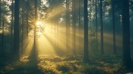 Fototapeta premium Sunlight Beams Through a Misty Forest of Tall Trees