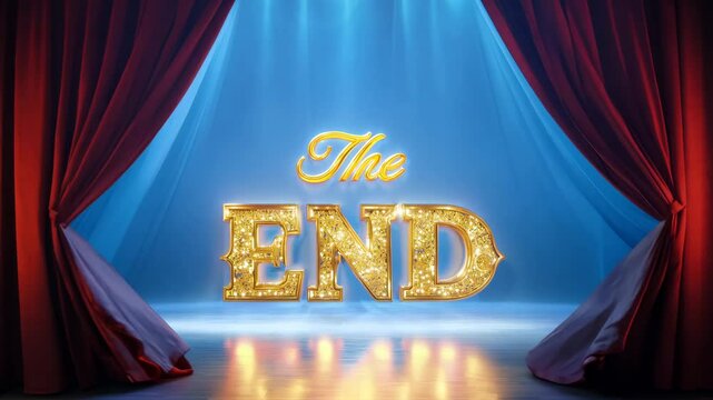 The words "The End" in golden letters on a stage with a blue backdrop and red curtains