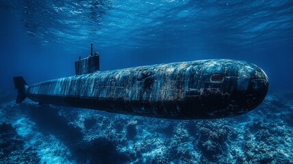underwater diving of a military submarine, highlighting its stealth and operational efficiency in carrying out naval missions beneath the ocean surface