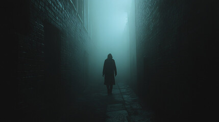 Shadowy figure walking through an eerie, foggy alley