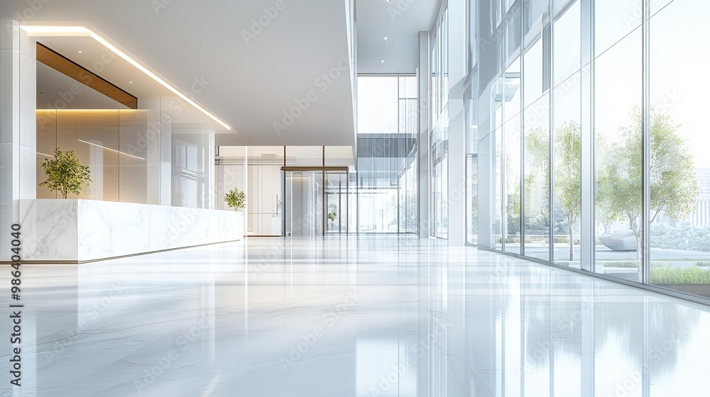 Poster blurred office or hotel lobby with a modern luxury white interior a 3d rendering with a clear view t