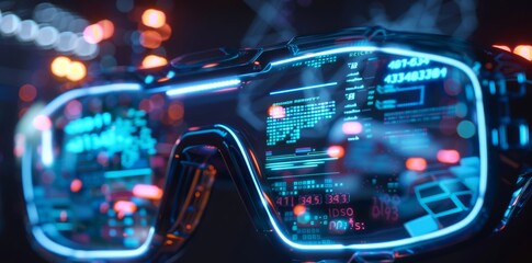 a futuristic wearable gadget, emitting glowing holographic interfaces and integrating with a virtual reality environment, exuding cutting-edge design