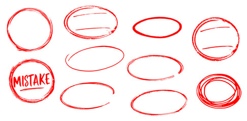  red circles and ovals set reflecting highlight, mistake, exam, note, journalism, teacher, student, performance. doodle red oval set. vector eps circles