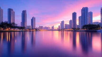 Stunning Urban Skyline at Dusk with Reflective Water and Vibrant Sky in Modern Cityscape