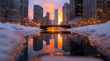 Obraz premium Sunset Reflection in Winter Cityscape with Snow-Covered Streets and Modern Skyscrapers