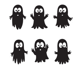Cute ghost boo silhouette, Spooky Halloween decoration element. Vector set of Halloweens ghosts