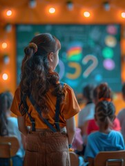 Obraz premium A girl with long hair is sitting in a classroom with other children