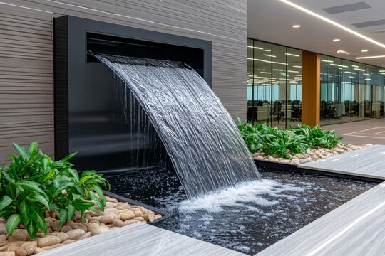 A cascading water feature in a modern office building, providing a serene and calming environment