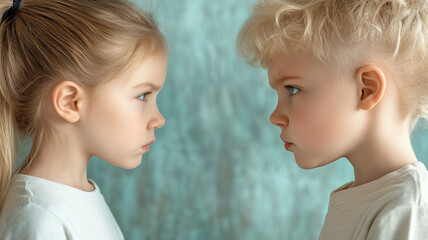 Two young kids facing each other, showing concentration and determination indoors