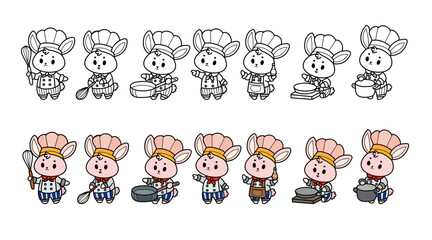 Bunny chefs cooking in various poses with kitchen utensils, cute cartoon characters in kawaii doodle styles, vector illustration.