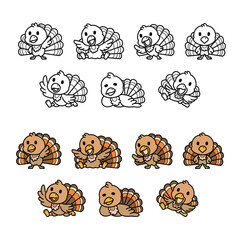 Cute cartoon characters, turkeys doodle set for Thanksgiving Day themed design, various of playful poses, vector illustration.