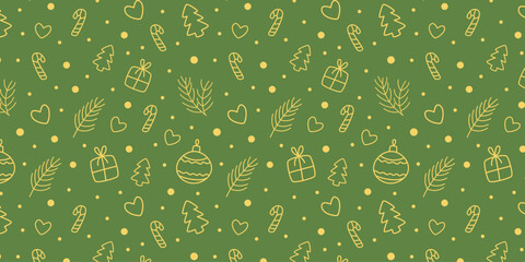Christmas seamless pattern with Xmas tree and bells. Seasonal Cute vector illustration in flat cartoon style