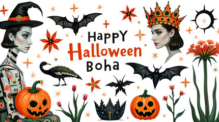 Boho Halloween Clip Art Set. Witch, Queen, Pumpkins, Bats, and Flowers. Clip Art Set, Isolated on Transparent Background.