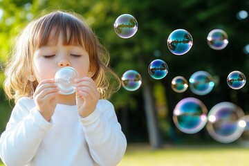 A child blowing bubbles, with bubbles floating around in the air and sunlight creating reflections