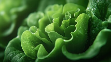 Fototapeta premium Close-up of Fresh Green Lettuce with Dew Drops in Natural Light, Showcasing Crisp Texture and Vibrant Color, Perfect for Healthy Eating and Organic Food Concepts