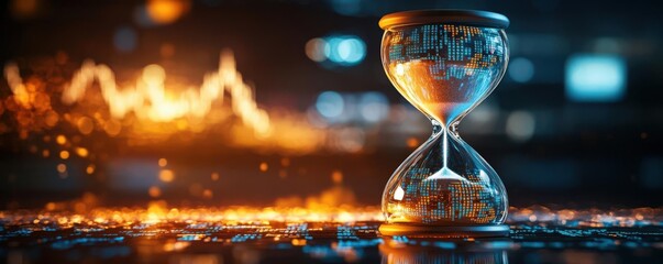 A striking hourglass representing time, with dynamic light and fiery elements, symbolizing urgency and the passage of time.