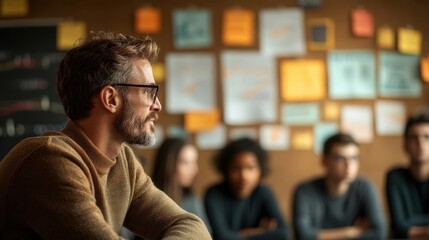 Fototapeta premium A teacher guiding a group of students through a leadership and career growth workshop, with charts and tools representing career development visible in the background