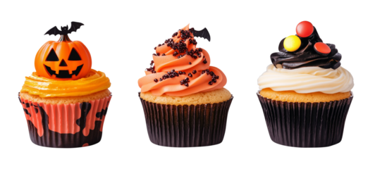 Halloween themed cupcakes, on an isolated, transparent background