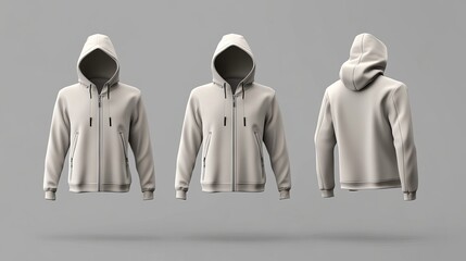 Hooded jacket mockup displayed from front side and back views A 3D rendering suitable for showcasing hoodie designs or custom branding