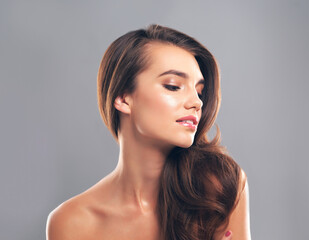 Shine, hairstyle and face of woman in studio for glow, beauty and hair gloss treatment. Scalp...