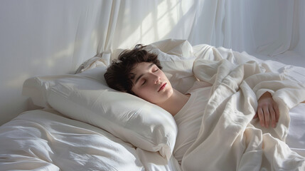 A young caucasian woman sleep lies on a bed with a pillow, enjoying a good night's rest for overall wellness, white background, white bed, white pillow