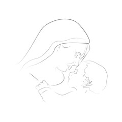 Mary with Jesus. Personification motherly love, mercy and protection. Jesus in Mary's arms.