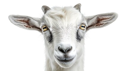 Obraz premium A close-up portrait of a smiling goat with distinctive features against a white background.