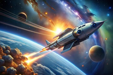 Obraz premium Rocket launching through galaxy with planet and nebula