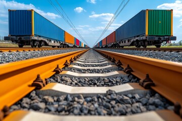 A close-up of a freight train on a railway track, transporting goods across long distances