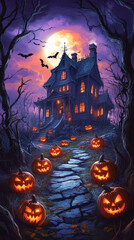 A spooky, cartoonish Halloween scene with a dark, eerie atmosphere. A haunted house stands with crooked windows and a slanted roof. Halloween Wallpaper