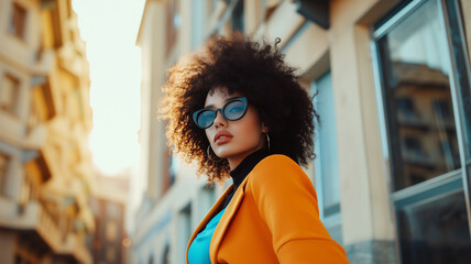 portrait of attractive African American black woman with curly hair walking in street in style fashion colorful outfit wearing sunglasses, modern trend accessories