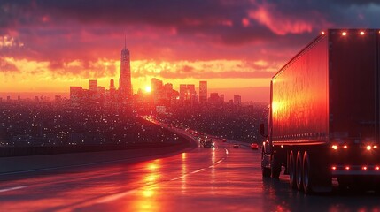 back view of a delivery truck driving on a road with sunrise light shining over the cityscape, capturing the movement of cargo and logistics in an urban setting