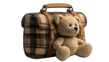 a stuffed bear next to a bag. 