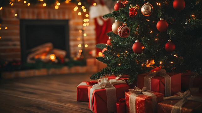 un arbol de navidad junto a la chimenea de una sala decorada de navidad debajo del arbol hay cajas de regalos envueltas para la fiesta y cena navideña decoraciones en color rojo brillantes tradicion