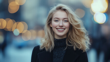 Obraz premium portrait of attractive blond smiling happy woman walking in street in autumn style fashion outfit wearing coat