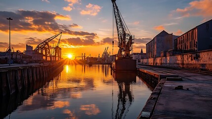 Obraz premium A serene sunset over a harbor with cranes reflecting on the water, showcasing industrial beauty.
