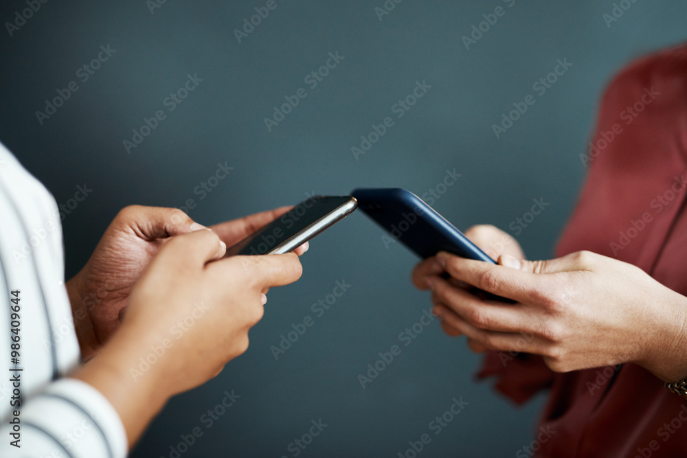 Poster business women, hands or chatting with phone for communication, data sync or share in studio. closeu