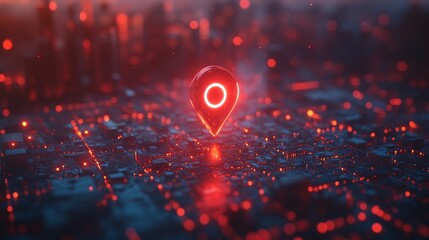 red map pin indicating a city destination, connected through a digital network, showcasing urban mapping, navigation technology, and travel coordination