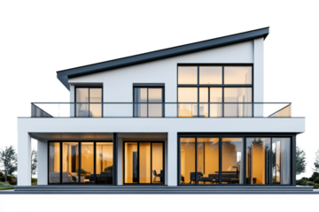 Modern two-story residential house with large windows and a sloping roof i,Isolated on transparent background