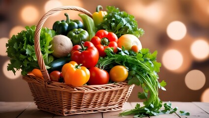 Fresh Organic Fruits and Vegetables in Wicker Basket, Assorted Fresh Vegetables