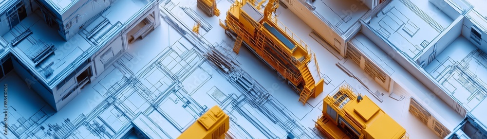 Poster d model of building construction with blueprint background