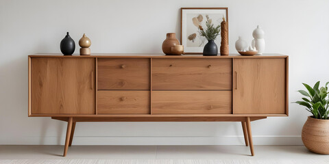 A simple wooden cabinet with decorative plants in vases placed against a white brick wall, showcasing a minimalist interior design.
