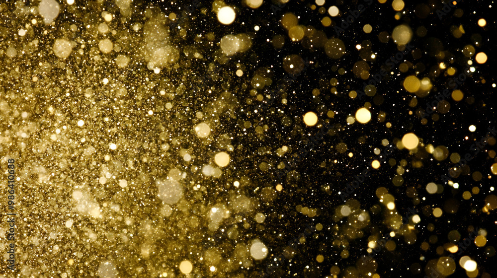 Poster golden sparkling particles drift gracefully against a dark background, creating a stunning visual ef