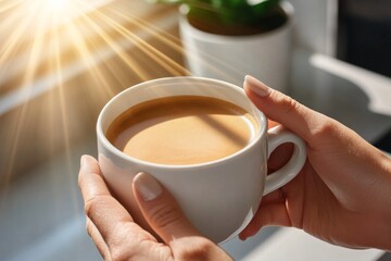 A close-up of hands holding a cup of coffee, with soft morning light streaming through a kitchen window