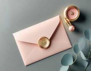 Briefumschlag und Firmenstempel auf grauem Hintergrund f&uuml;r Corporate Branding