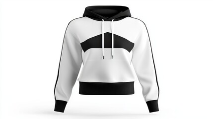 Womens fashion sweatshirt mockup A 3D rendering of a hooded cropped top with long sleeves shown in black and white A sports uniform design template