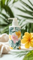 Selective Focus of Florals Painted Lotion Bottle with Palm Leaves Background