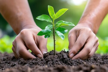 A close-up of hands planting a tree sapling, symbolizing environmental sustainability and reforestation efforts